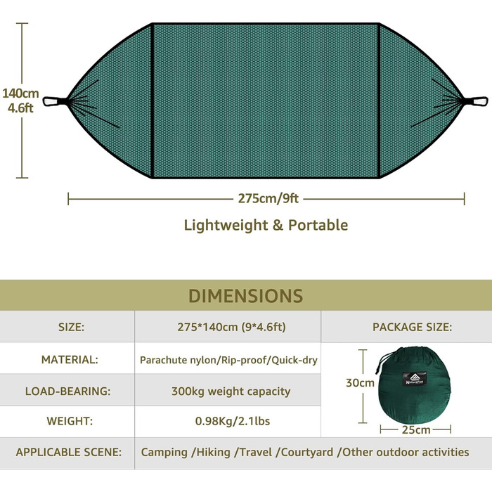 Туристичний кемпінг-гамак NatureFun преміум-класу з москітною сіткою з максимальною вантажопідйомністю 300 кг, дихаючий швидковисихаючий нейлон 2 карабіни та 2 стропи в комплекті темно -зелений