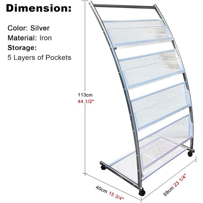 Тримач для брошур з металу - 5 відділень, підлогова підставка для журналів, на коліщатках, портативна, для лікарень, виставок, банків, офісів, підставка для брошур