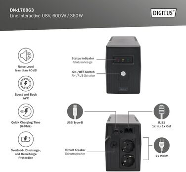 Система ДБЖ DIGITUS OnLine - 3 кВА / 3 кВт - 19-дюймовий монтаж 2U - Технологія справжнього подвійного перетворення - Джерело безперебійного живлення - чорний (лінійно-інтерактивний, 600 ВА / 360 Вт)