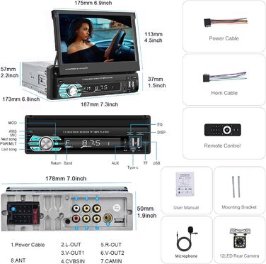 Бездротова автомобільна стереосистема CAMECHO 1 Din Bluetooth з 7-дюймовим розширюваним дисплеєм, Android Auto Mirror Link Bluetooth Handsfree FM Підтримка USB/SD/AUX-INкамера заднього виду 7-дюймовий MP5Car Play