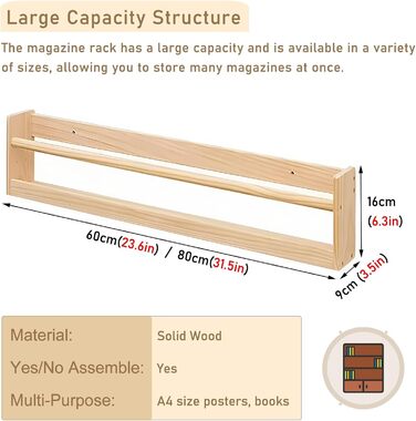 Дерев'яний стелаж для журналів для настінного монтажу, невеликий стелаж для підвішування брошур, вітрина для офісів, бібліотек, дому, приміщень (колір 1 упаковка, розмір L80 см 1 упаковка L80см/31,5 дюймів)