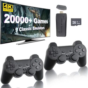 Бездротова ретро-приставка з ключами для відеоігор Plug and Play, HD Classic Game Stick 64G 9 вбудованих емуляторів і 20000 ігор та подвійним бездротовим контролером 2.4G.4K HDMI вихід телевізор Nostalgia Gami