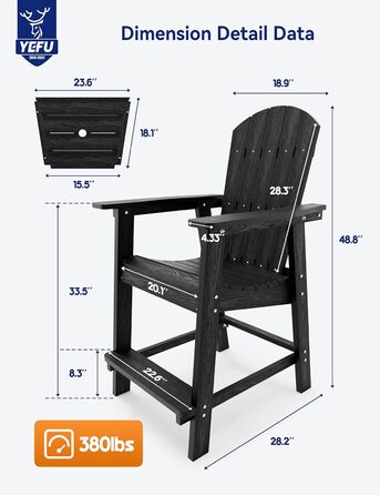 Балконне крісло YEFU, Високе крісло Adirondack, набір з 2 шт. , з з'єднувальним лотком, Polywood, Стілець Adirondack, Барний стілець, Табурет для патіо, 172.4 кг, Стійкий до погодних умов, Відкритий, Газон, Басейн, Задній двір