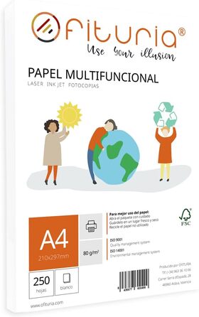 Упаковка 80 г аркушів формату А4, 250 аркушів, білий багатофункціональний папір для школи та лабораторій, ідеально підходить для лазерних принтерів, струменевих принтерів або копіювальних апаратів - Ofituria 250 hojas A4
