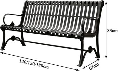 Відкрита садова лава, Тераса Паркова лавка на 3 особи, Чавунна веранда Балконна лава, Чорне металеве сидіння для відпочинку з пластиковим покриттям (150 см)