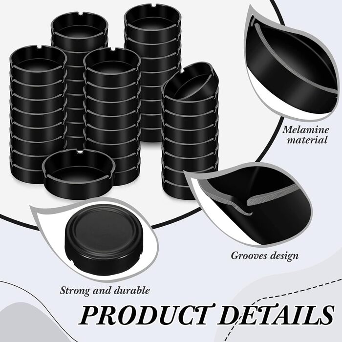 Попільничка, кругла урна для сміття, меламінова попільничка для дому, офісу, тераси, ресторану, кухні (чорна), 48 шт., 10,2