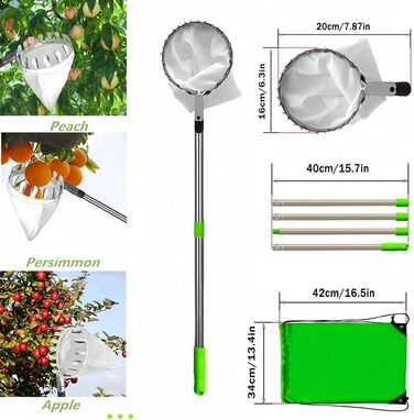 Збирач яблук з телескопічною ручкою, збирач фруктів з легкою телескопічною жердиною з нержавіючої сталі та кошиком, легко збирається, збирач фруктів, для досягнення важкодоступних місць на фруктових деревах, 4.2M