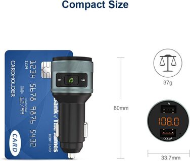 Передавач, автомобільне радіо QC 3.0 Автомобільний бездротовий адаптер Автомобільний комплект гучного зв'язку з подвійним зарядним пристроєм Підтримує 64 ГБ USB-флеш-накопичувач сірого кольору