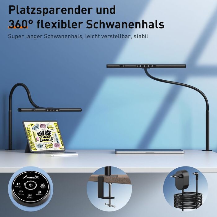 Світлодіодна настільна лампа AmazLit, лампа для монітора догляду за очима, регульована яскравість і колірна температура, робоча лампа без відблисків на екрані, офісна лампа з керуванням жестами з функцією пам'яті, 12 Вт, (чорний)
