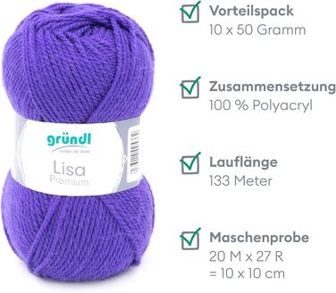 Пряжа Grndl Lisa Premium Uni Knitting & Chet Yarn (м'яка і вовняна характер, проста в догляді миється трикотажна пряжа з 100 поліакрилу, 50 г/ 133 м, розмір голки 3,5 - 4,5, 10 клубків по 50 г кожен), (фіолетовий 21)