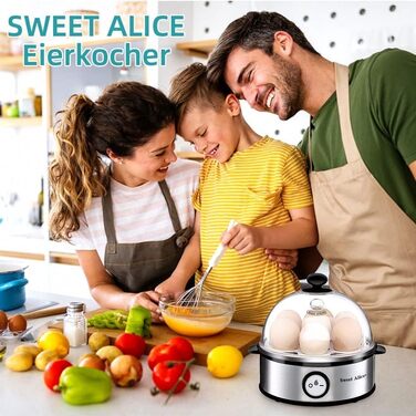 Солодка Alice Egg Cooker з нержавіючої сталі, переможець тесту яйцеварки, яйцеварка на 1-7 яєць з налаштуванням рівня твердості, світлова індикація автоматичного вимкнення, мірна чашка, захист від перегріву, без бісфенолу А, 360 Вт