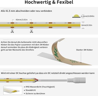 Світлодіодна стрічка PAUTIX COB IP65 Водонепроникна 3000K Теплий білий DC24V, 6 м 504 світлодіоди/м Світлодіодні стрічки CRI90, світлодіодна стрічка для домашньої кухні своїми руками з 8-міліметровим роз'ємом для качана (блок живлення не входить у комплек