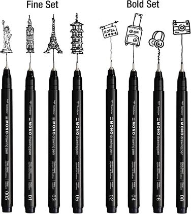 Ручка для малювання Tombow Fineliner MONO, набір Bundle, пігментне чорнило, водо- та світлостійкість, для ескізів, для ілюстрації та малювання, чорна, набір з 8 шт.