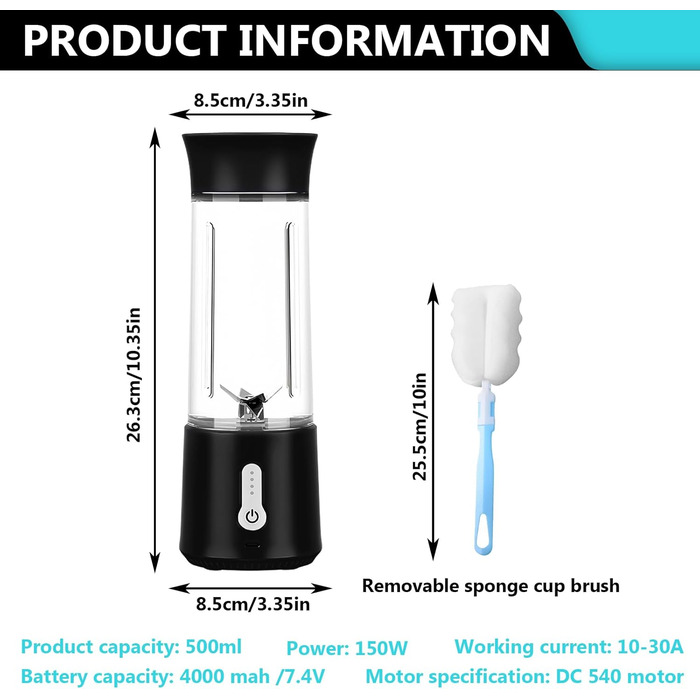 Портативний блендер, 500 мл особистий блендер з губкою для чашки, блендер, смузі-машина, портативний блендер, портативний міксер, портативний міні-міксер для подорожей, кухні, смузі та коктейлів