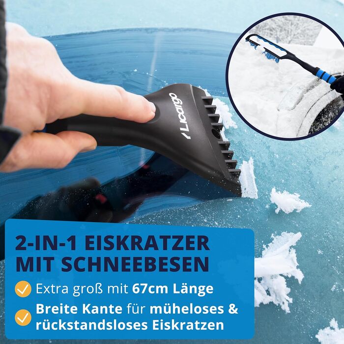 Скребок для льоду LICARGO Автомобіль з мітлою - великий край і ніжна щетина - довжина 67 см з утеплюючою, нековзною ручкою - Міцний скребок для вікон Автомобільний віночок Автомобільний скребок для льоду з мітлою Автомобільний скребок для снігу - покращен