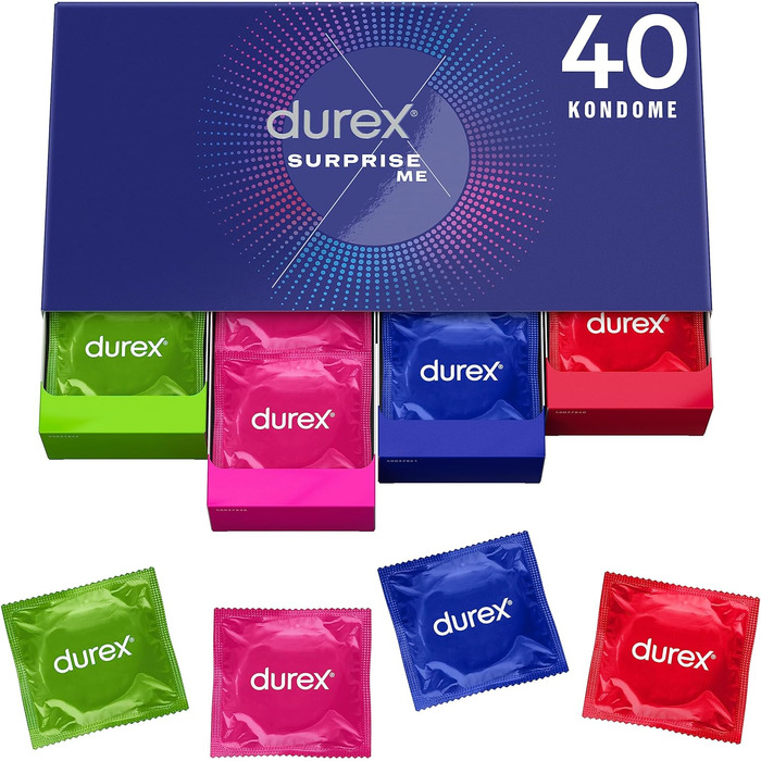 Презервативи Durex Surprise Me в стильній коробці - Екстра різноманітність, практичні та непомітно упаковані - для надійного захисту з приємним запахом - Об'ємна упаковка - 40 шт. (1 х 40 шт. ) 40 шт. (1 упаковка)