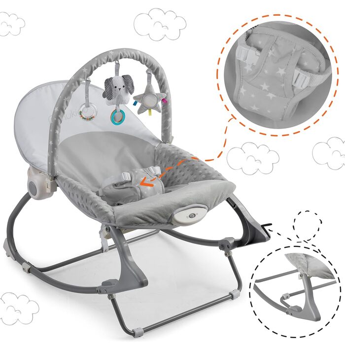 Дитяча гойдалка Nukido Baby Bouncer з музикою - Металевий каркас і міцний пластик - Замок гойдалки - Вібраційна система - Додаткова іграшка Montesorri - 48 x 62 см - Сірий