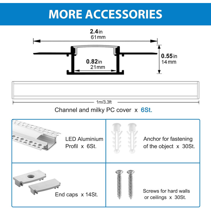Світлодіодний профіль для гіпсокартону Efishine 6-PACK 1M, світлодіодний профіль алюмінієвий AluProfile для світлодіодних стрічок для стін і стель, світлодіодний канал із затискним дифузором і для ширших стрічок, таких як Philips Hue. 6 уп.