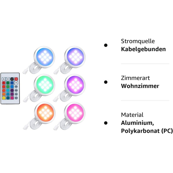 Комплект світлодіодного освітлення шафи Lixada 4PCS RGB з пультом дистанційного керування для навісної шафи книжкової шафи, тонкої круглої форми під шафою, що змінює колір світла, регулюється яскравість, що регулюється. (6 шт. )