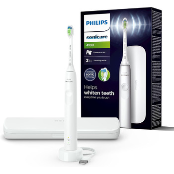 Електрична зубна щітка Philips Sonicare для дорослих з 1 насадкою для звукової щітки Philips W2 Optimal білого кольору, тонким дорожнім футляром і зарядним пристроєм USB (модель HX3683/33), 4100 -