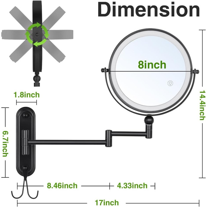 Регульоване по висоті збільшувальне дзеркало зі світлом, 8-дюймове двостороннє настінне дзеркало для макіяжу /10 шт. зі змінним кронштейном, що обертається на 360, і гачком для дзеркала у ванній кімнаті 8''-чорне