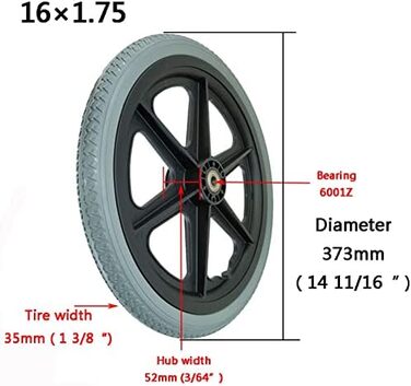 Дюймове заднє колесо для інвалідного візка, аксесуари для ручного інвалідного візка, запасне колесо для візка, 16 x 1.75 дюймове колесо з суцільними шинами (16 дюймів / 373 мм), 16-