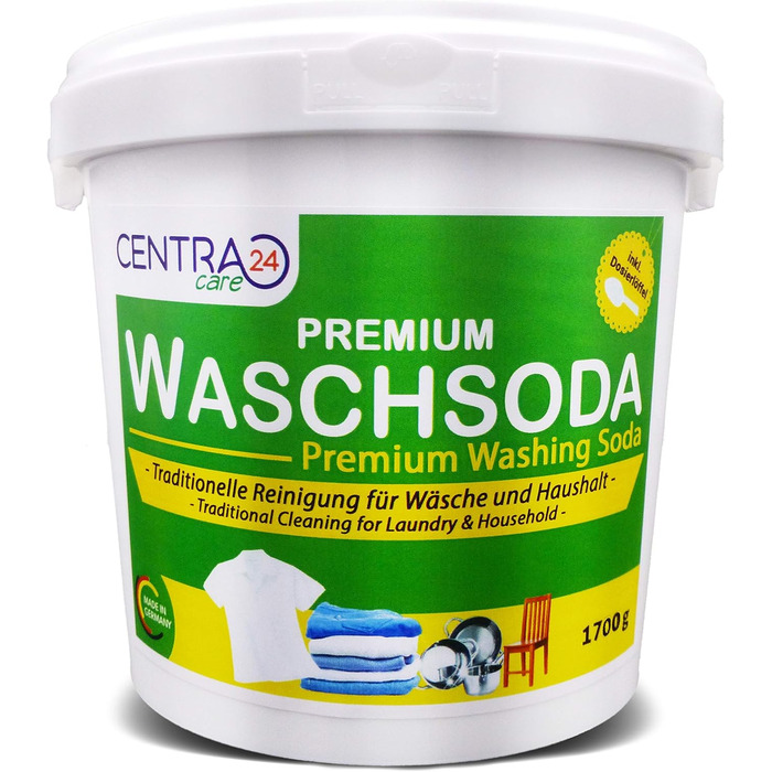 Пральна сода Centra24 Premium 1700г вкл. дозуючу ложку у відрі, багатоцільовий очищувач, засіб для видалення жиру, саду, дому, ванної кімнати та кухні, засіб для видалення неприємних запахів, кальцинована сода, карбонат натрію, NA2CO3
