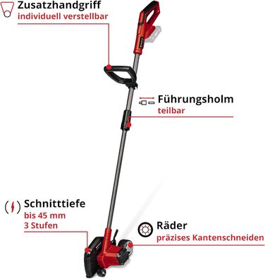 Акумуляторний тример для газону Einhell GE-LE 18/190 Li-Solo Power X-Change (Li-Ion, 18 В, 3-ступінчасте регулювання глибини 36,5 - 45 мм, довжина зрізу 19 см, роздільний вал, коліщатка, без акумулятора та зарядного пристрою)