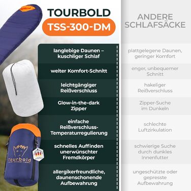 Пуховий спальний мішок Tourbold Outdoor 3 сезони Надлегкий (1250 г) Невеликий розмір упаковки Надзвичайно довга блискавка Комфортний крій Спальний мішок для мами Кемпінг Трекінг Альпінізм