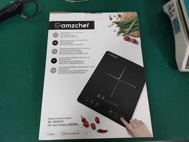 Індукційна варильна поверхня, одинарна індукційна плита AMZCHEF з ультратонким дизайном, 20 рівнів температури та 20 налаштувань потужності, індукційна варильна поверхня 2000 Вт 1 плита, таймер на 3 години, замок безпеки 2000 Вт срібло