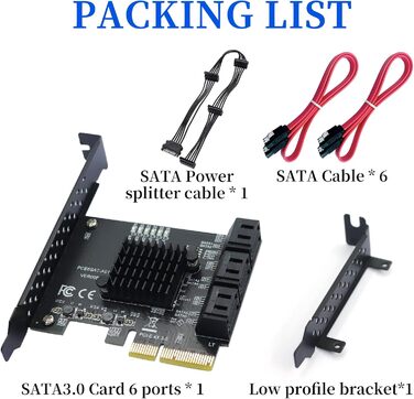 Карта 6 портів, 6 Гбіт/с 4 шт. SATA 3.0 PCIe карта, PCIe до SATA контролера плата розширення без рейду з 6 кабелями SATA низькопрофільний кронштейн, Plug and Play Windows, Linux система ASM1166 чіп 6 портів 4x-чорний