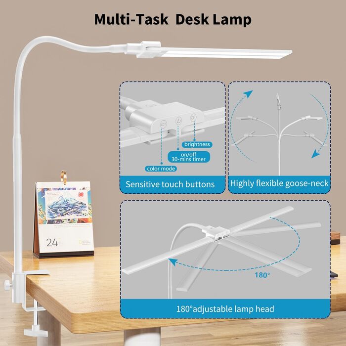 Настільна лампа KableRika з подвійною головою LED з регулюванням яскравості, яскрава настільна лампа, що затискається для домашнього офісу, лампа для захисту очей на гусячій шиї з 4 колірними режимами та яскравістю, сучасна офісна настільна лампа для моні