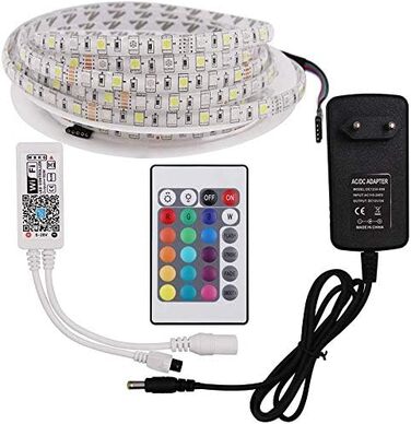 Стрічки, світлодіодні стрічки 5 м RGBWW 5050 300Leds Flex Самоклеюча світлодіодна стрічка Повний комплект, сумісний з Wi-Fi Бездротовий смартфон керований (RGB теплий білий, не водонепроникний IP20) RGBтеплий білий Не водонепроникний IP20