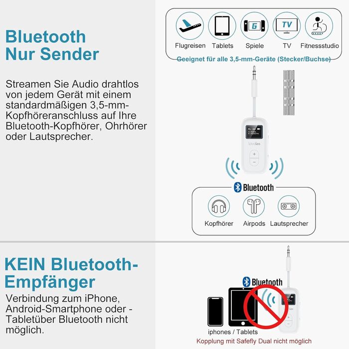 Передавач Premium Airplane Bluetooth 5.3 для 2 AirPods або навушників, aptX з низькою затримкою, бездротовий аудіоадаптер 3,5 мм AUX з OLED-дисплеєм для авіаперельотів, телевізора, планшетів