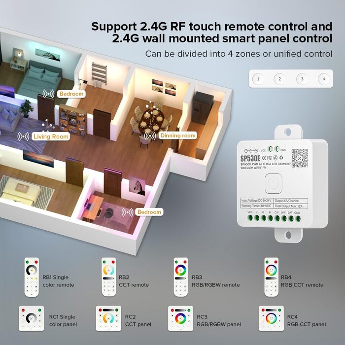 В-1 WiFi світлодіодний контролер DC5V24V Bluetooth світлодіодний контролер сумісний з Alexa Google Home Розумне голосове керування для 5CH PWM RGB CCT RGBW SPI світлодіодна стрічка WS2812B 2.4G радіочастотний пульт дистанційного керування SP530E 12-в-1 Wi