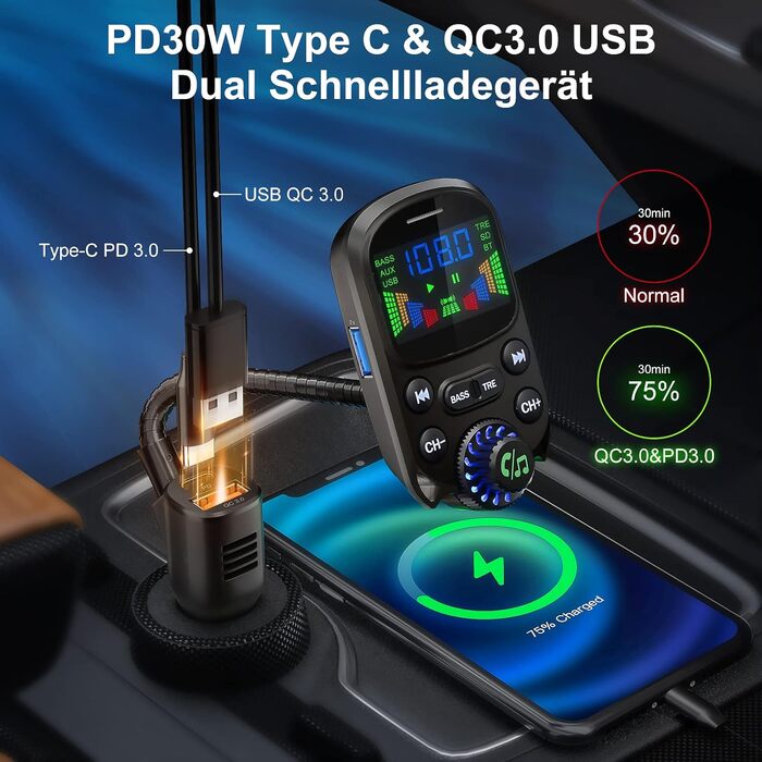 Передавач для автомобіля, Bluetooth-адаптер SOARUN Автомобільний QC3.0 і PD3.0 30 Вт подвійний зарядний пристрій USB, автомобільне радіо Гучний зв'язок з високими та низькими частотами, підтримка U-диска/TF-карти/AUX FT1015-EN, 5.3 FM-