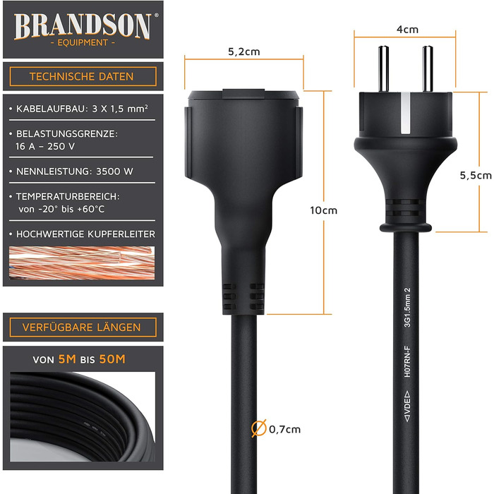 Подовжувач зовнішній 3500 Вт - 3 дроти - Зовнішня вставка - 15м метр - IP44 зі штепсельною вилкою Schuko - Подовжувач кабелю живлення - 230 В - із захисним ковпачком - Електричний кабель зовні 15,0м (метр) Подовжувач