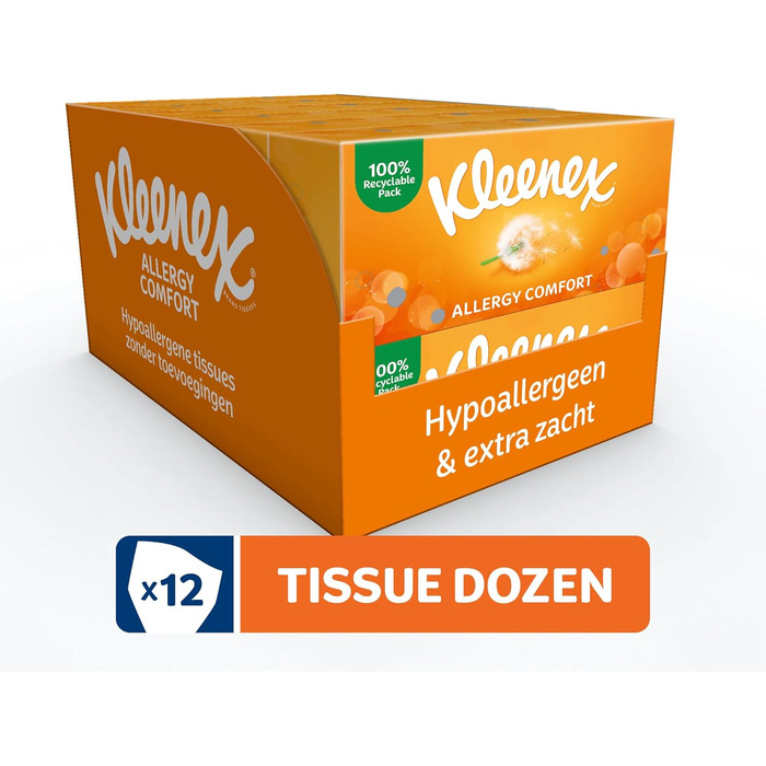 Коробка косметичних серветок Kleenex Allergy Comfort, носові хустинки для алергіків, 12 коробок 56 паперових носових хусток, 3-шарова, гіпоалергенна, оптова упаковка 672 шт. и (1 упаковка)