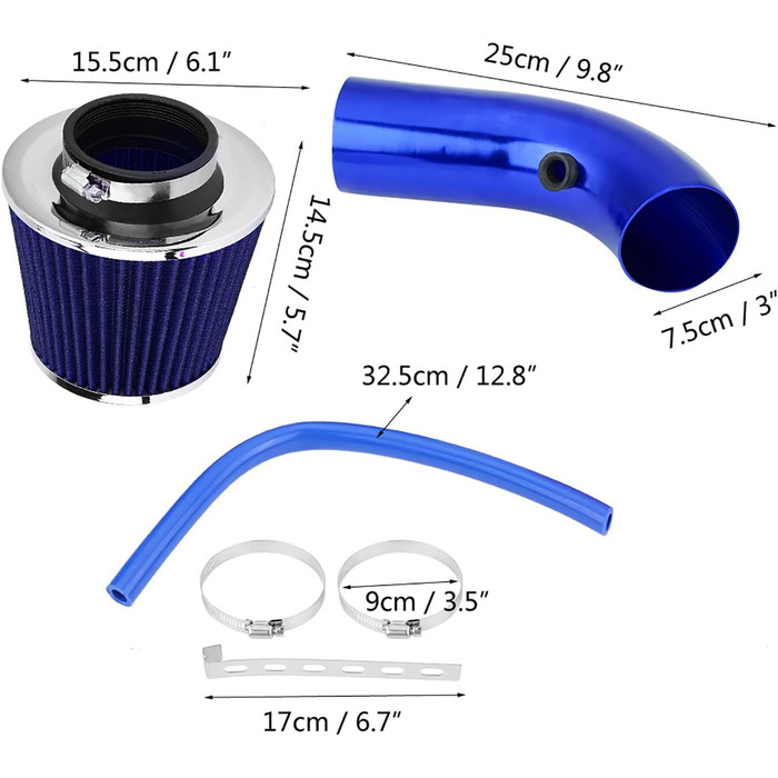 Мм 3-дюймовий універсальний спортивний повітряний фільтр Комплект фільтрів для впуску повітря автомобіля, комплект фільтрів для впуску холодного повітря з алюмінієвим шлангом синього кольору, 76