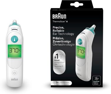 Вушний термометр Braun ThermoScan 6 Кольоровий дисплей Стабілізатор стабільності ExacTemp Цифровий дисплей Підходить для немовлят і малюків No1 серед лікарів1