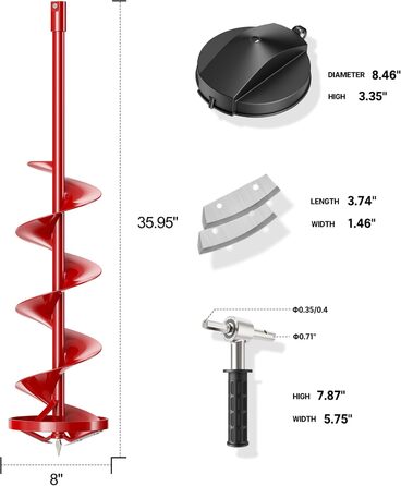 Льодовий шнек LONGRUN, 8-дюймовий земляний шнек з нековзною ручкою та змінними наборами лез, підходить для підлідної риболовлі, копання лунок - Червоний