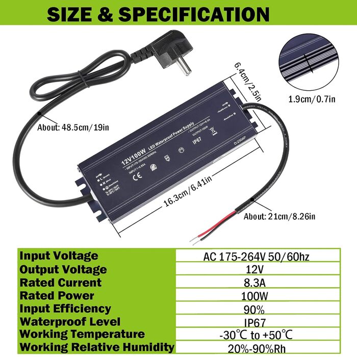 Світлодіодний трансформатор 12 В 8,3 А 100 Вт IP67, джерело живлення Зовнішній водонепроникний драйвер джерела живлення трансформатораПідходить для світлодіодних стрічок і лампочок 12 В, від 100-264 В до постійного струму 12 В