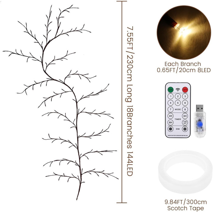 Освітлена вербова лоза, Вербова лоза Ліхтарі з 8 режимами USB 144 світлодіоди Вербова лоза Світлодіодне дерево, мерехтливе дерево Прикраса стін Спальня, штучне освітлення Гілки для внутрішнього оздоблення стін 144led