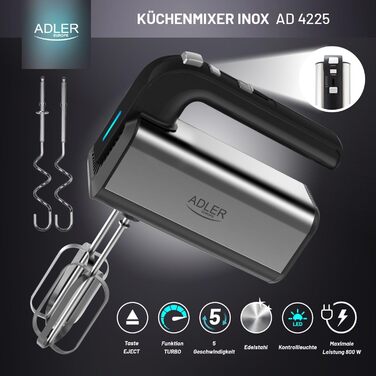 Ручний міксер ADLER AD 4225 INOX, 800 Вт, кухонний комбайн, міксер з 3 функціями, ручний міксер, ручний міксер, чорний/сріблястий, кухонний міксер