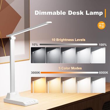 Настільна лампа LED Dimmable - настільна лампа бездротова з акумуляторною батареєю 2500 мАг, 5 кольорів і 10 рівнів яскравості, USB-порт для зарядки, офісна лампа Світлодіодна настільна лампа для дитячого офісу, (білий)