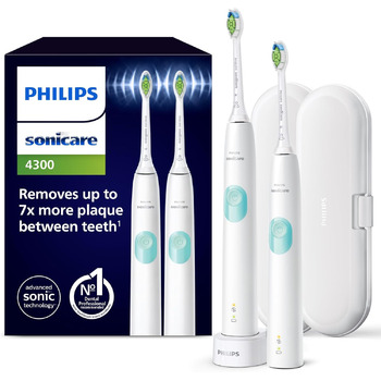 Електрична зубна щітка Philips Sonicare ProtectiveClean 4300, звукова зубна щітка з двома налаштуваннями інтенсивності, датчиком тиску та таймером, біла, 2 упаковки, модель HX6807/35 біла та біла 2 шт. и (1 упаковка)