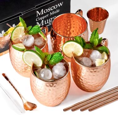 Мідні чашки Moscow Mule - набір з 4-х, 100 ручної роботи, суцільнолиті мідні чашки, подарунковий набір з 4 мідними соломинками, 1 ложкою для розмішування, 1 мідною чаркою, 1 щіткою для чищення соломинок.