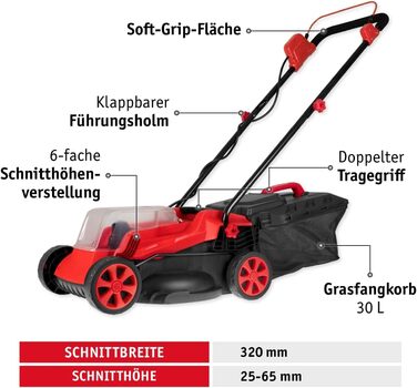 Газонокосарка WALTER 20V з літій-іонним акумулятором 2,0 Ач, швидким зарядним пристроєм, шириною зрізу 320 мм, змінною висотою зрізу 25-65 мм, травозбірником на 30 л, холостим ходом 350 об/хв - ідеальний догляд за вашим газоном