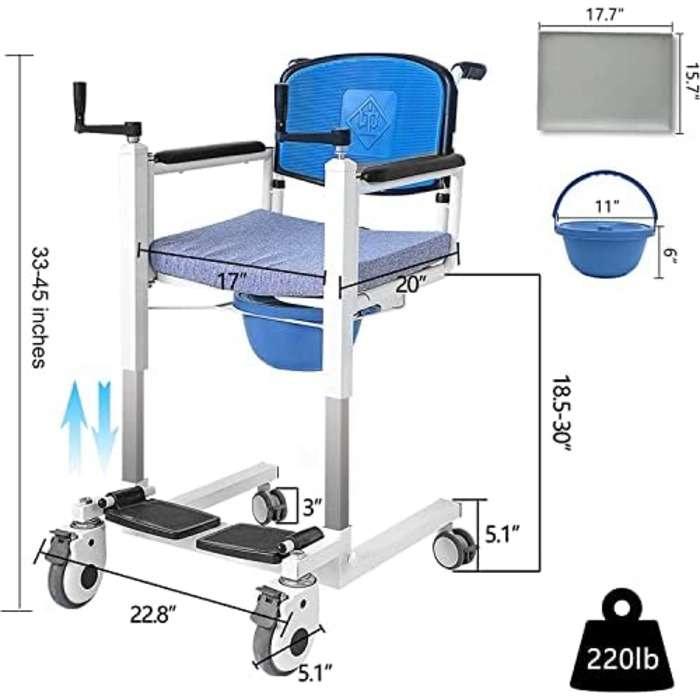 Крісло для перенесення пацієнта для дому, підйомник для інвалідного візка, крісло для душу з 2 подушками для сидіння та піддоном для ліжка, транспортне інвалідне крісло для людей похилого віку сидіння 17 дюймів