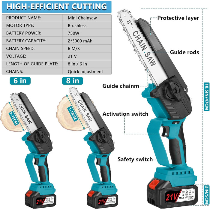 Акумуляторна бензопила 6 і 8 дюймів, міні-бензопила 2-в-1 з акумулятором і зарядним пристроєм 2 * 3000mAh, невелика акумуляторна портативна бензопила для обрізки дерев, садівництва, лісів (синя)